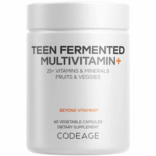 White cylindrical bottle labeled "Teen Fermented Multivitamin+" by Codeage containing 60 vegetable capsules.