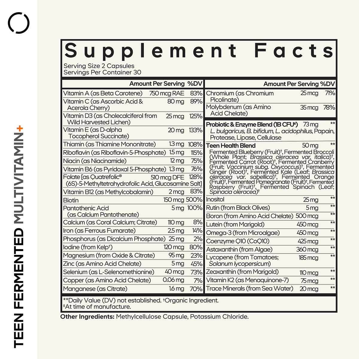 Supplement Facts label for Teen Fermented Multivitamin showing serving size, vitamins, minerals, and ingredient amounts per s