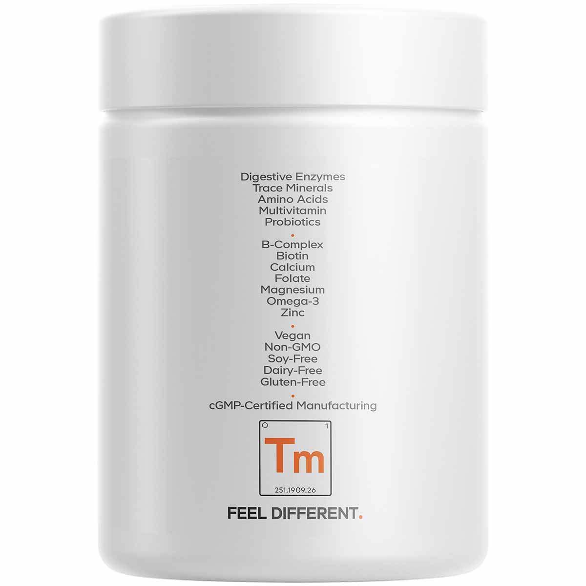 White cylindrical supplement bottle labeled with ingredient list including multivitamin, probiotics, and minerals.
