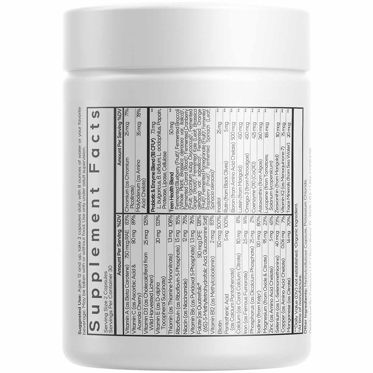 White bottle of Teen Fermented Multivitamin with supplement facts label listing vitamins and minerals on the back.