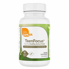 Zahler TeenFocus dietary supplement bottle containing 90 capsules with white cap and green label.