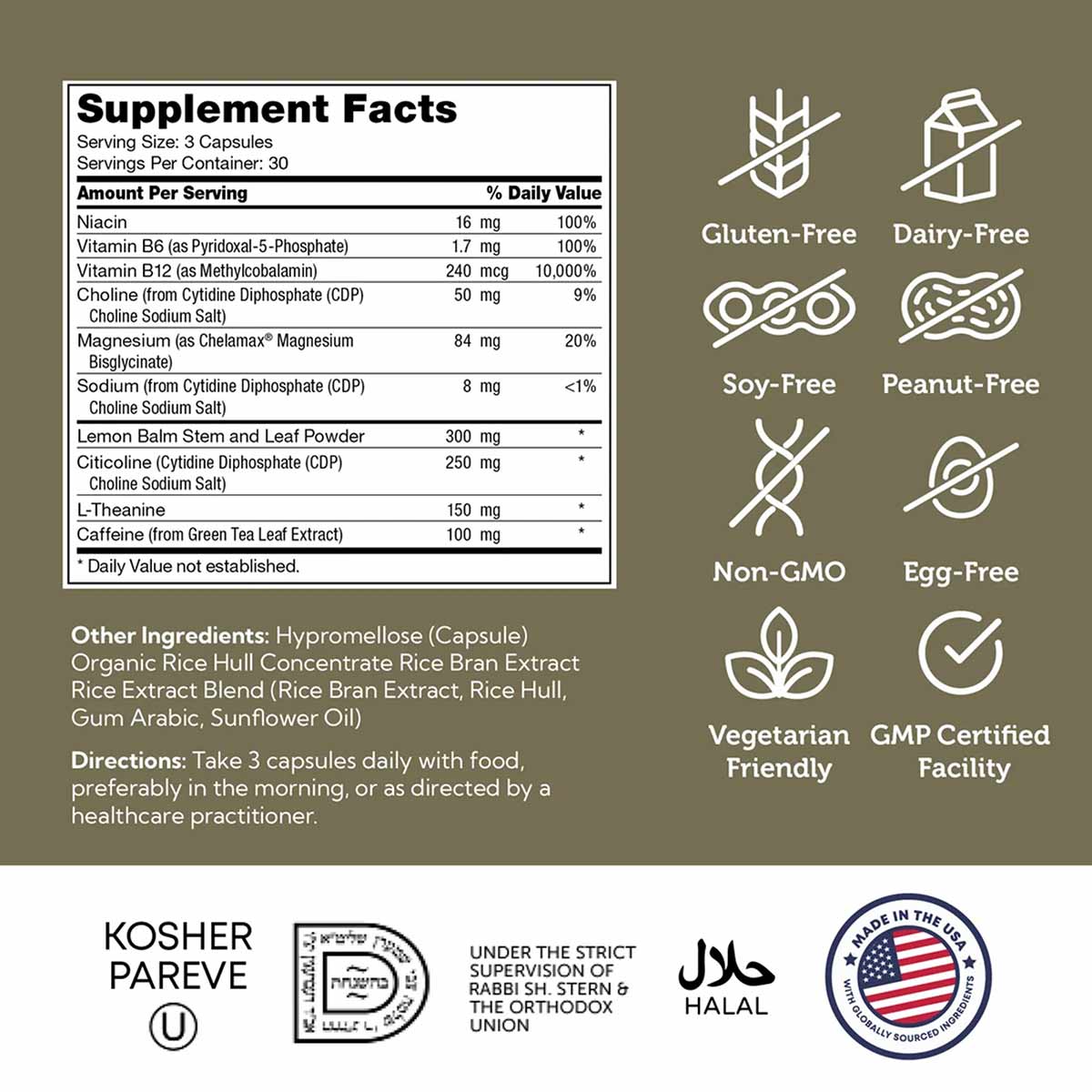 Zahler Teen Focus supplement bottle showing 90 capsules with supplement facts, ingredients, and certification badges includin