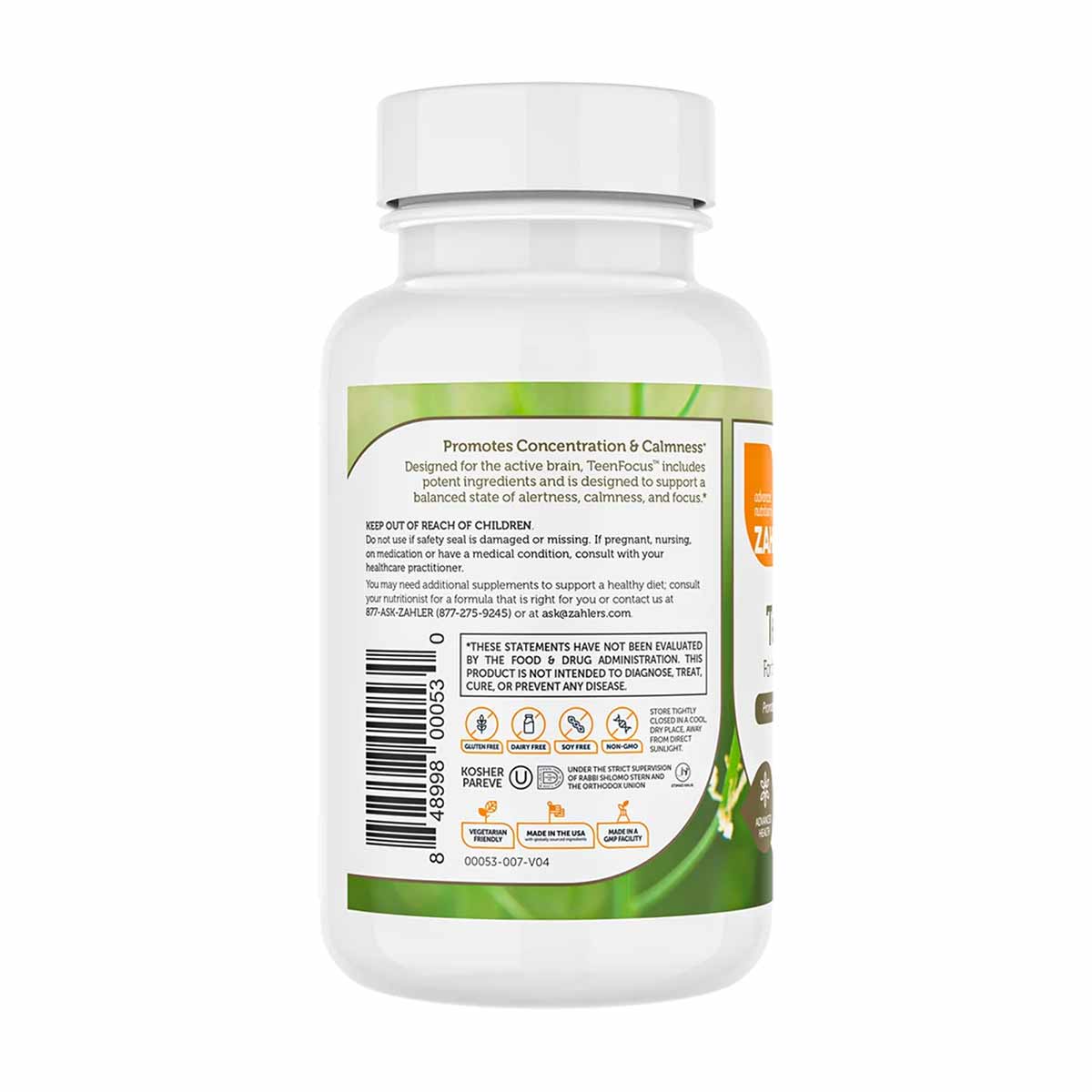 White bottle of Zahler Teen Focus supplement capsules with green label showing product information and warnings.