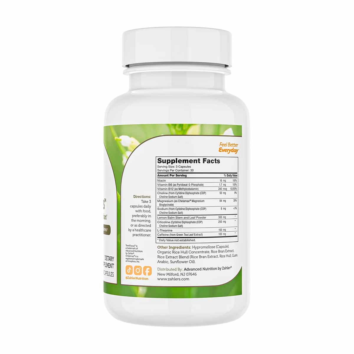 White bottle of Zahler Teen Focus supplement with green label showing supplement facts and ingredient information.