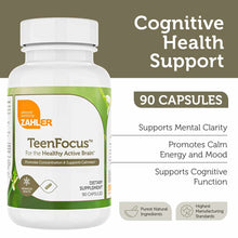 White bottle with green label containing 90 capsules of Teen Focus dietary supplement by Zahler.