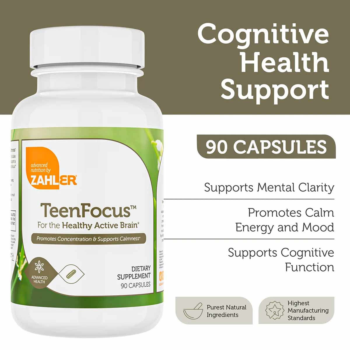 White bottle with green label containing 90 capsules of Teen Focus dietary supplement by Zahler.