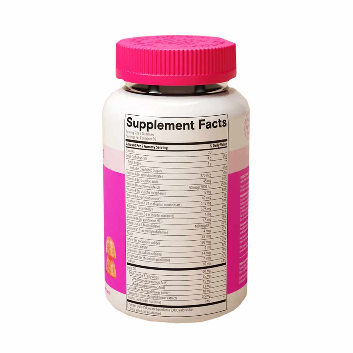 White bottle with pink label and bright pink screw-on cap containing gummy vitamins with supplement facts panel visible.