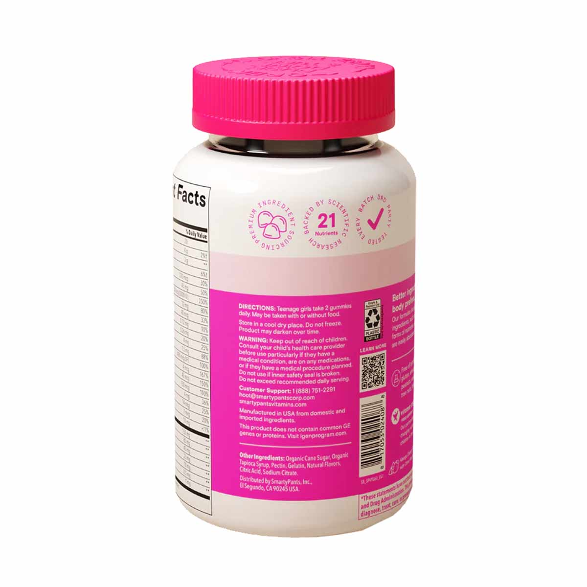 SmartyPants Teen Girl Plus Multi & Omegas vitamin bottle with pink cap and label showing 21 nutrients and gummy count.