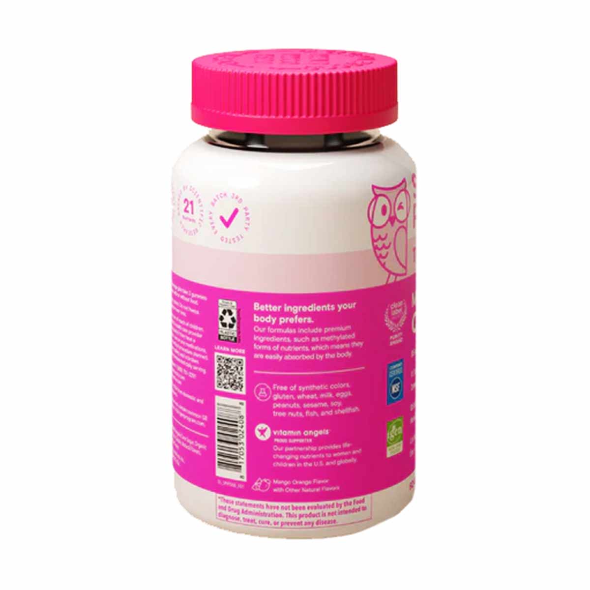 White and pink plastic bottle with bright pink screw-on cap containing vitamin gummies, labeled for teen girls.