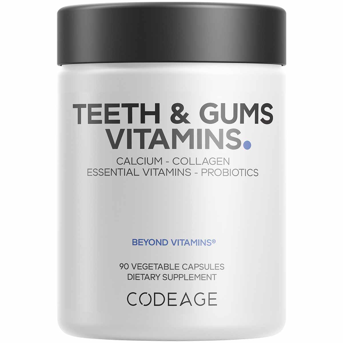 White plastic supplement bottle with dark gray cap labeled "Teeth & Gums Vitamins" containing 90 vegetable capsules by Codeag