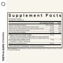 Supplement Facts label for Teeth & Gums capsules showing vitamins, minerals, collagen complex, and probiotic blend per servin