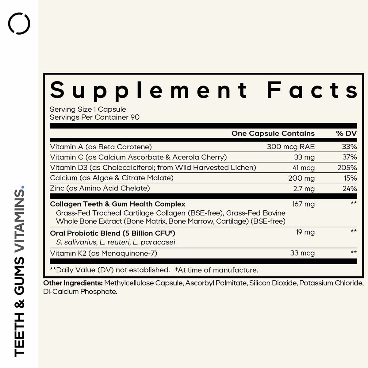 Supplement Facts label for Teeth & Gums capsules showing vitamins, minerals, collagen complex, and probiotic blend per servin