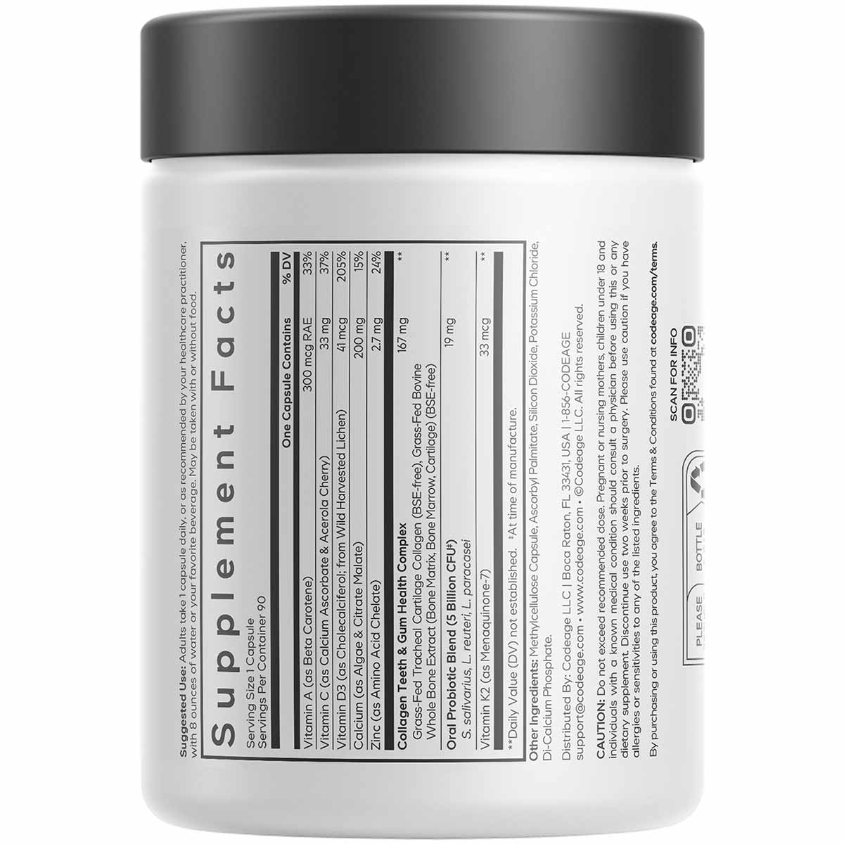 White plastic jar with dark gray lid displaying supplement facts label for Codeage Teeth & Gums formula.