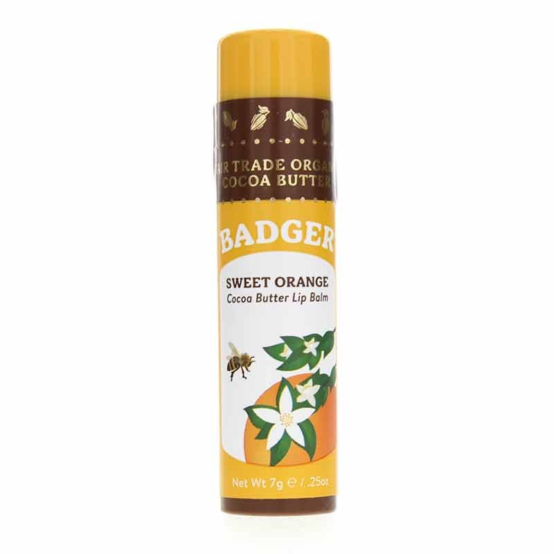 Badger Sweet Orange Cocoa Butter Lip Balm stick with yellow cap and brown label featuring orange flowers and bee illustration