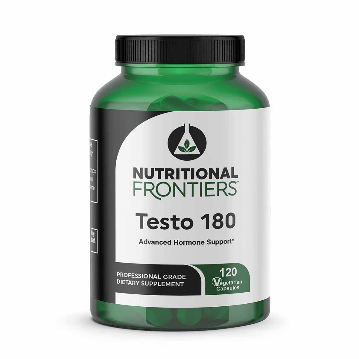 Green bottle with black cap containing 120 vegetarian capsules of Testo 180 by Nutritional Frontiers.