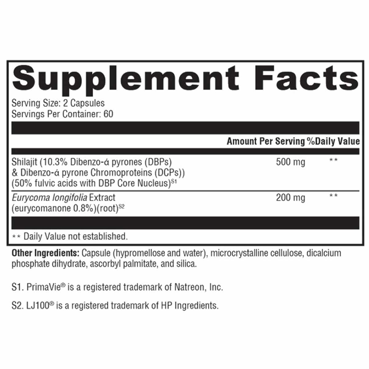 Supplement Facts label showing serving size of 2 capsules, 60 servings per container, with Shilajit and Eurycoma longifolia e