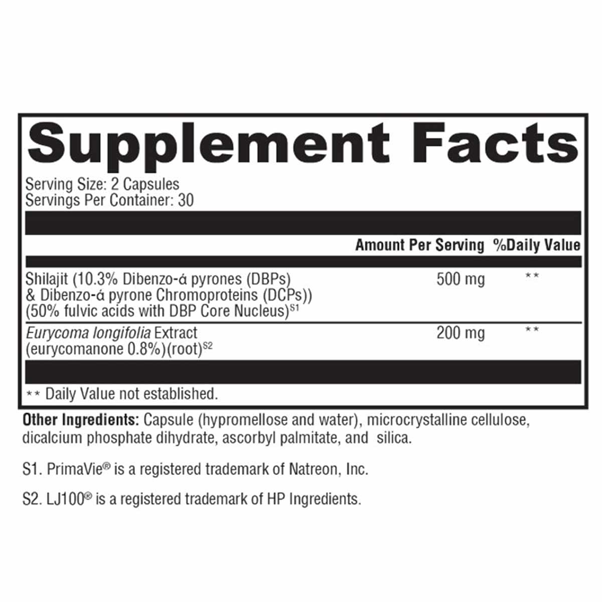 Supplement Facts label showing serving size of 2 capsules, 30 servings per container, with Shilajit and Eurycoma longifolia e