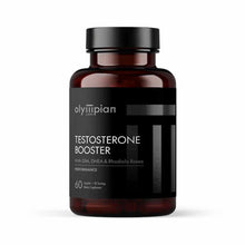 Dark amber bottle with black cap labeled "Olympian Testosterone Booster" containing 60 capsules.