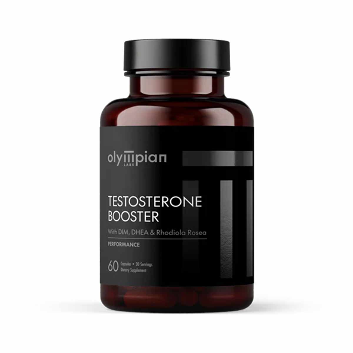 Dark amber bottle with black cap labeled "Olympian Testosterone Booster" containing 60 capsules.