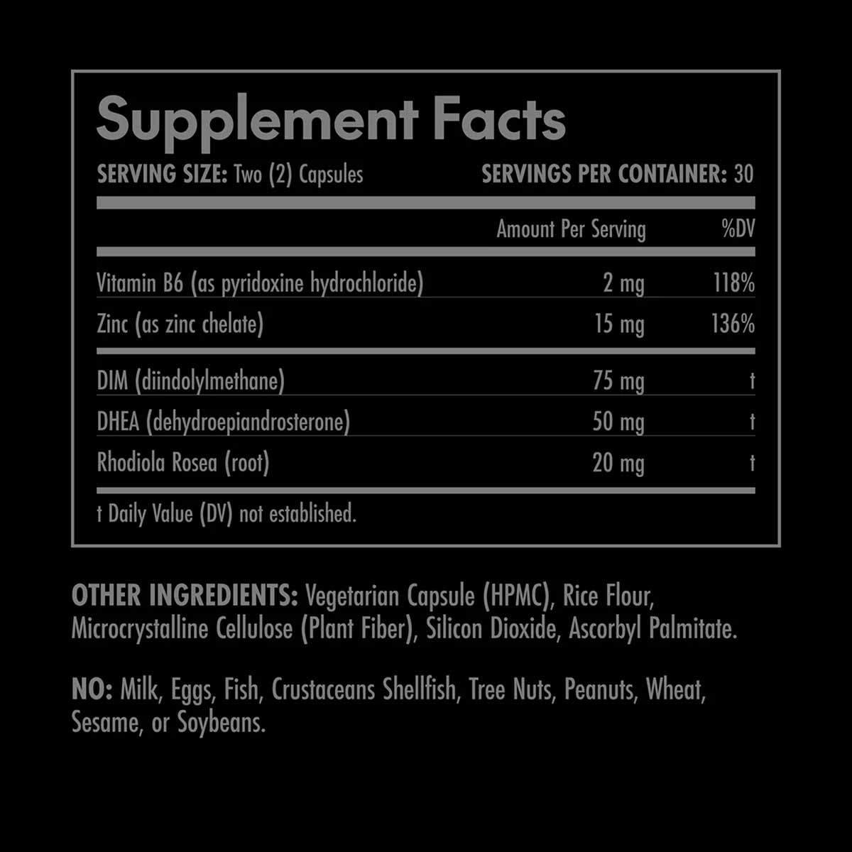 Supplement Facts label showing serving size of two capsules, 30 servings per container, with ingredients including Vitamin B6