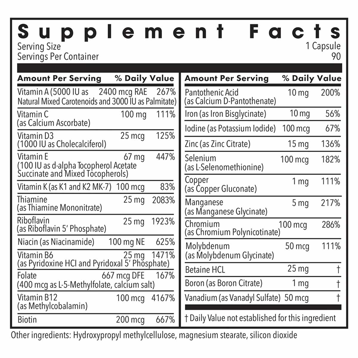 Supplement Facts label listing vitamins, minerals, and ingredients for a 90-capsule multivitamin with iron supplement.