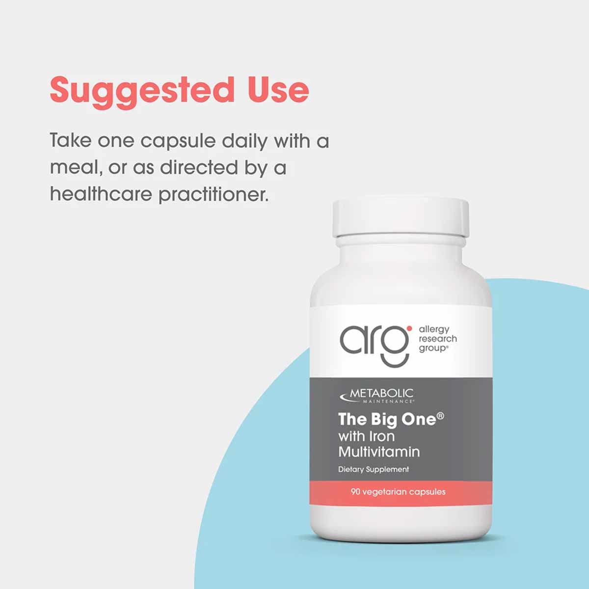 White bottle of The Big One with Iron Multivitamin by Allergy Research Group, 90 vegetarian capsules.