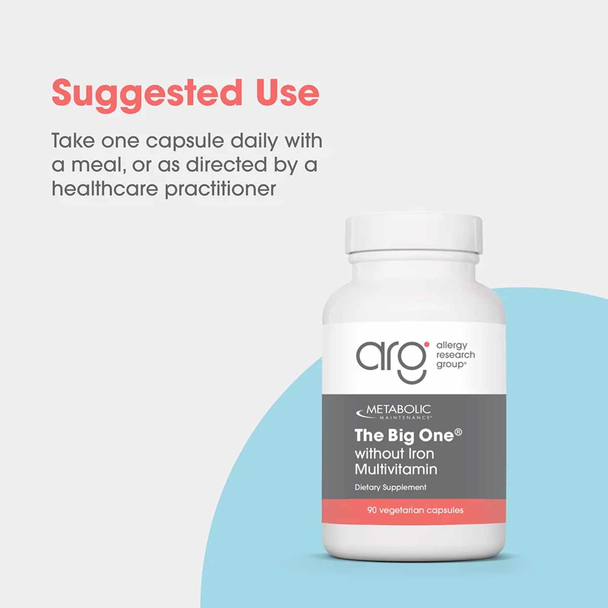 White bottle of The Big One multivitamin without iron by Allergy Research Group containing 90 vegetarian capsules.