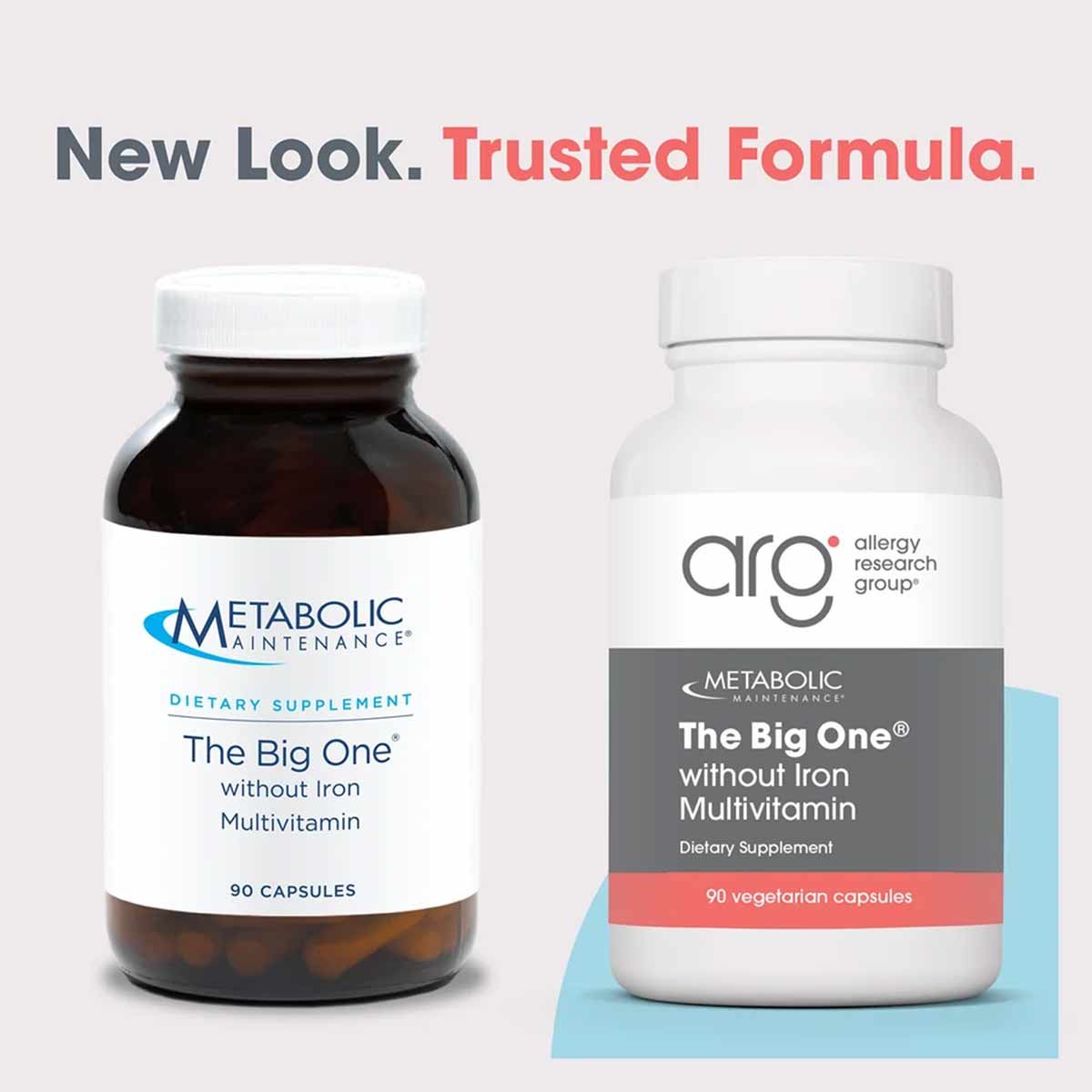 Two bottles of The Big One multivitamin without iron: dark amber glass bottle on left, white plastic bottle on right, each co