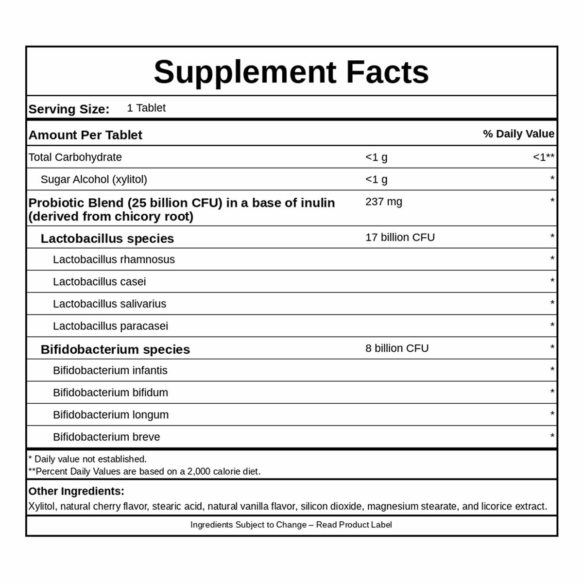 Supplement Facts label showing probiotic blend with 25 billion CFU per tablet, listing Lactobacillus and Bifidobacterium spec