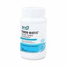 White plastic bottle with blue label containing 120 capsules of Ther-Biotic Vital-Zymes Complete by SFI Health.