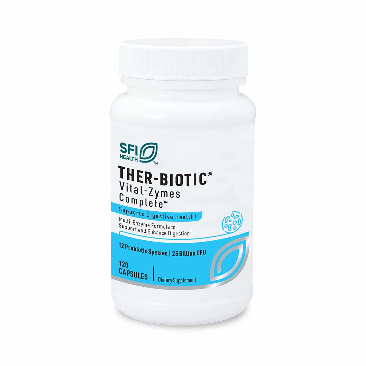 White plastic bottle with blue label containing 120 capsules of Ther-Biotic Vital-Zymes Complete by SFI Health.