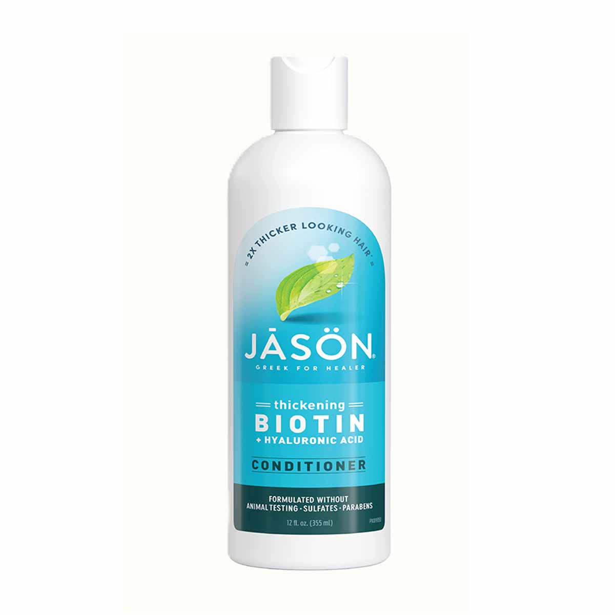 White bottle with blue label showing Jason Thickening Biotin + Hyaluronic Acid Conditioner, 12 fl oz size.