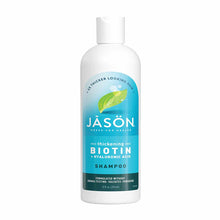 White bottle of Jason thickening biotin and hyaluronic acid shampoo with blue and teal label, 12 fl oz.