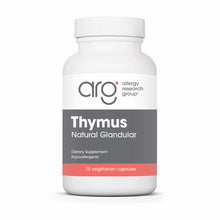 White bottle of Thymus Natural Glandular dietary supplement by Allergy Research Group containing 75 vegetarian capsules.