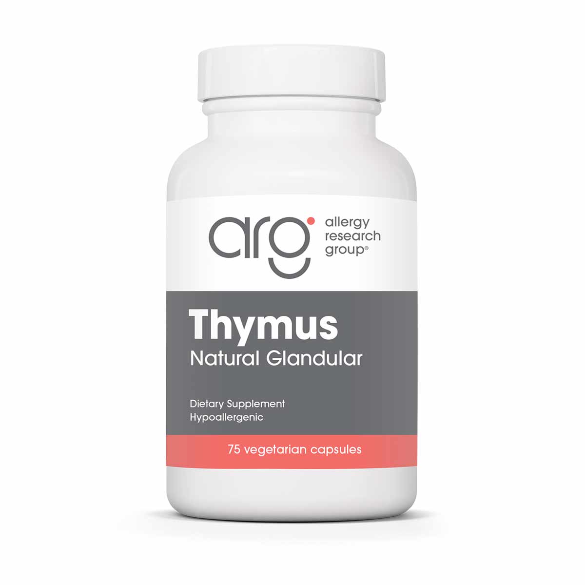 White bottle of Thymus Natural Glandular dietary supplement by Allergy Research Group containing 75 vegetarian capsules.