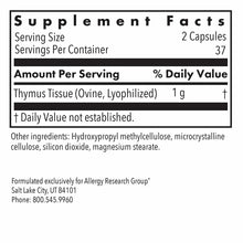 Supplement Facts label showing thymus tissue glandular supplement with 2 capsules per serving and 37 servings per container.