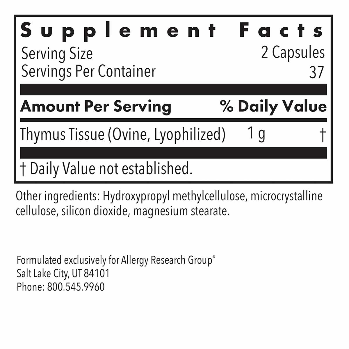 Supplement Facts label showing thymus tissue glandular supplement with 2 capsules per serving and 37 servings per container.