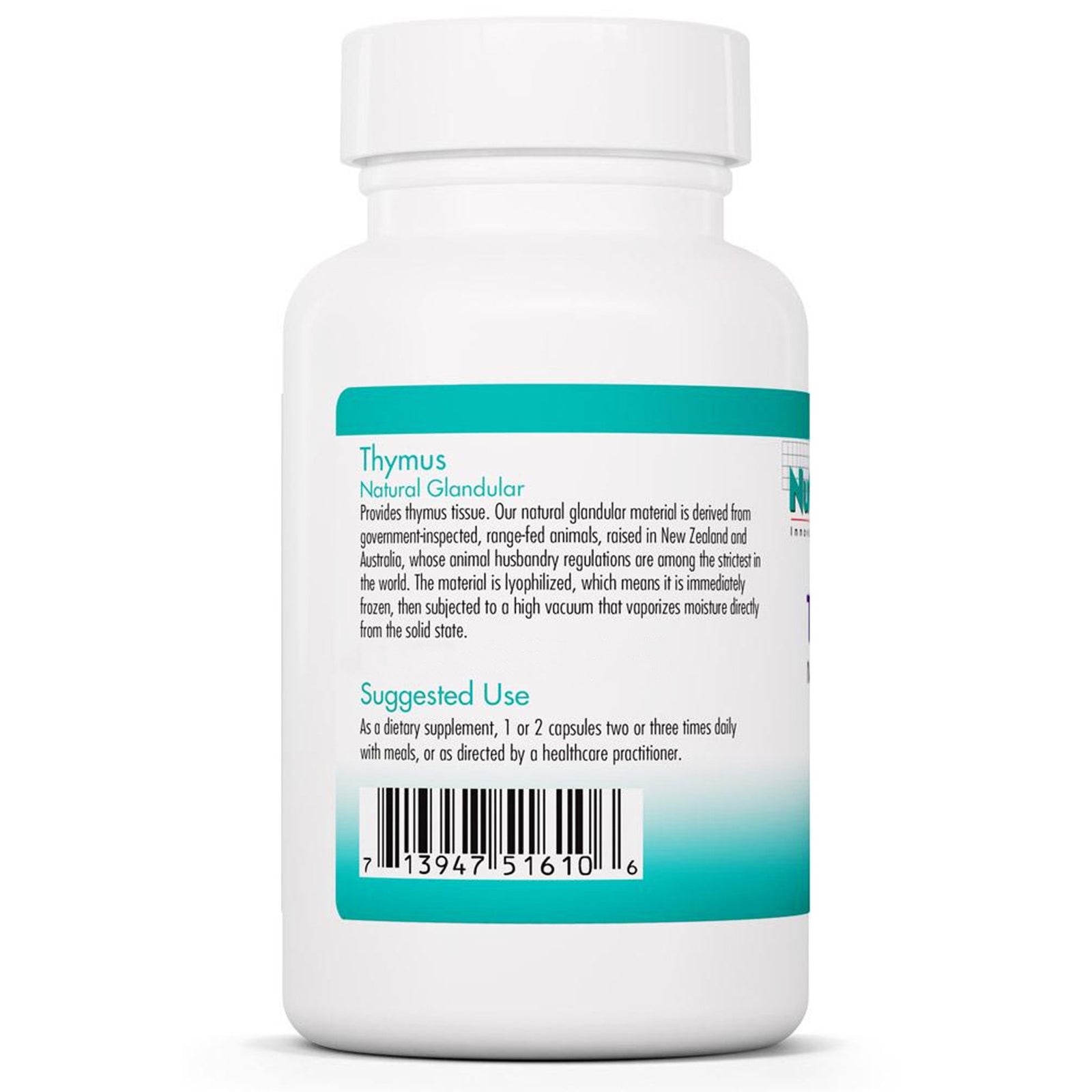 White cylindrical supplement bottle with turquoise label showing Thymus Natural Glandular product information and barcode.