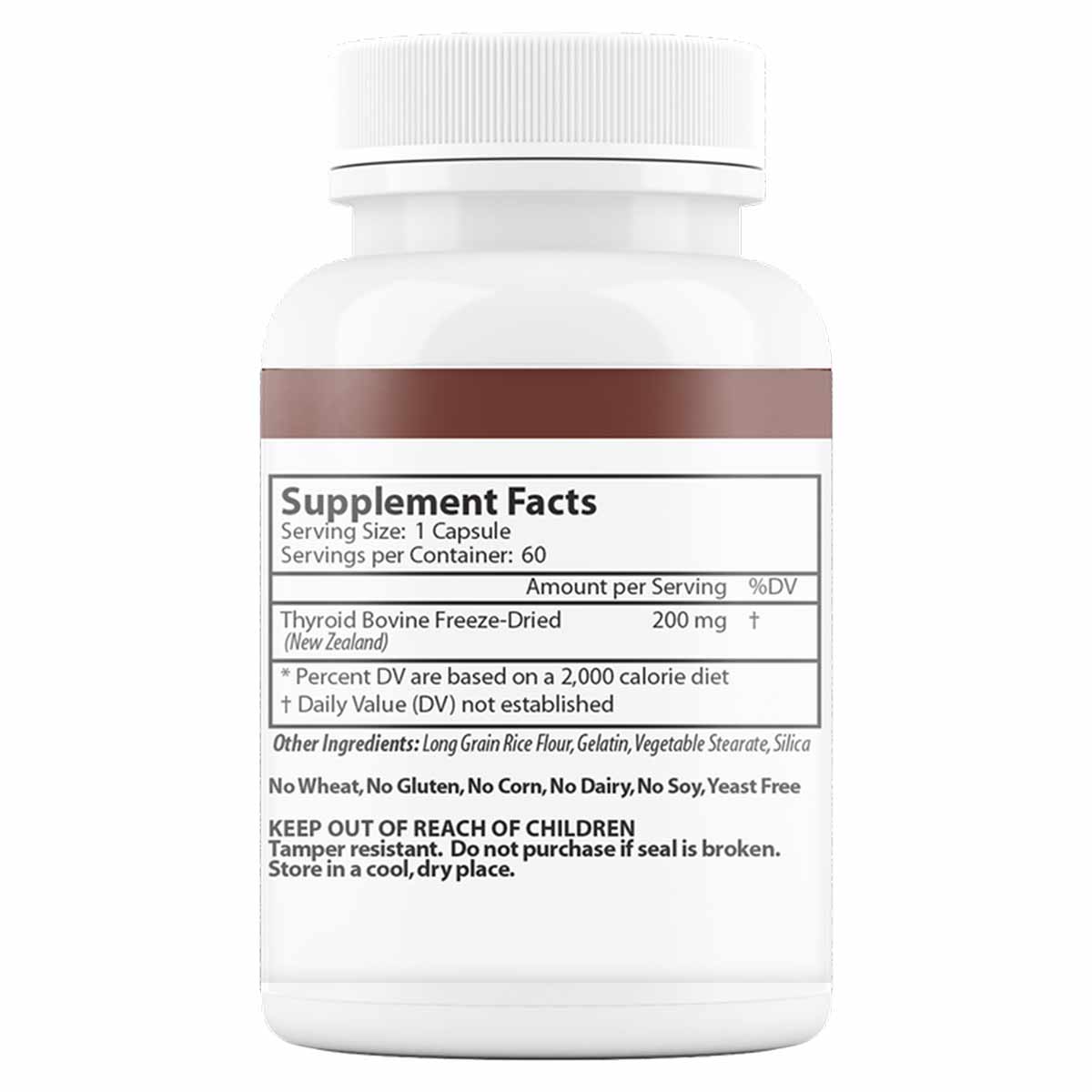 White bottle with brown label containing supplement facts for thyroid bovine freeze-dried capsules, 60 servings per container