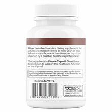 White bottle with brown label containing Thyroid Gland dietary supplement capsules by Vinco, with directions and ingredient i