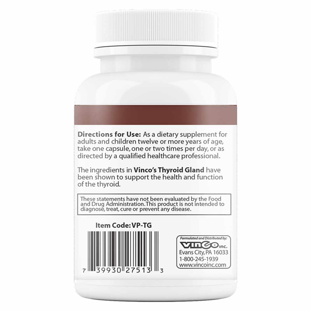 White bottle with brown label containing Thyroid Gland dietary supplement capsules by Vinco, with directions and ingredient i