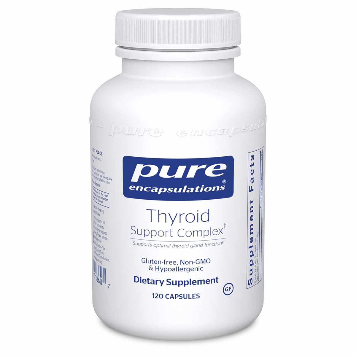 White bottle of Pure Encapsulations Thyroid Support Complex dietary supplement containing 120 capsules.