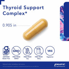 Tan capsule supplement labeled Thyroid Support Complex with certification badges for gluten-free, non-GMO, soy-free, dairy-fr