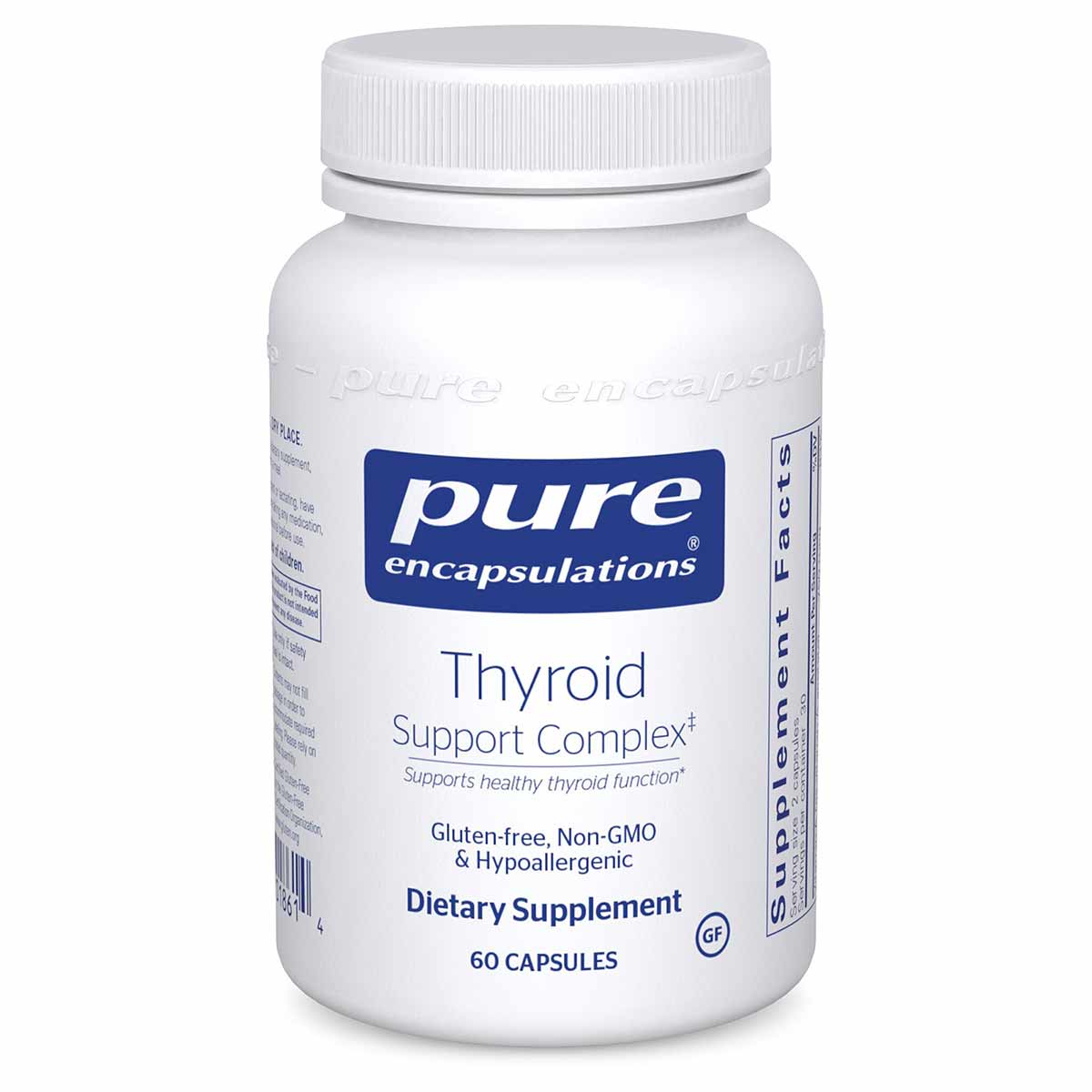 White supplement bottle with blue Pure Encapsulations label containing 60 capsules of Thyroid Support Complex.