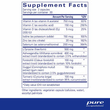 Supplement Facts label for Pure Encapsulations Thyroid Support Complex showing vitamins, minerals, and herbal ingredients per