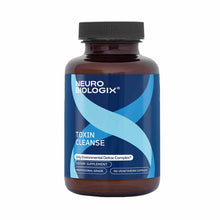Dark amber glass bottle with black cap containing Neurobiologix Toxin Cleanse dietary supplement, 90 vegetarian capsules.