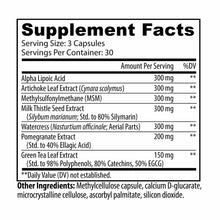 Supplement Facts label for Toxin Cleanse showing serving size of 3 capsules with ingredients including alpha lipoic acid, art