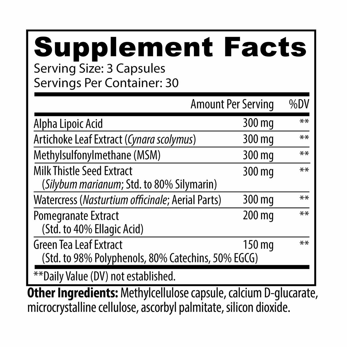 Supplement Facts label for Toxin Cleanse showing serving size of 3 capsules with ingredients including alpha lipoic acid, art