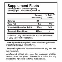 Supplement Facts label showing nutritional information including 450mg reduced glutathione, 50mg Vitamin C, and other ingredi
