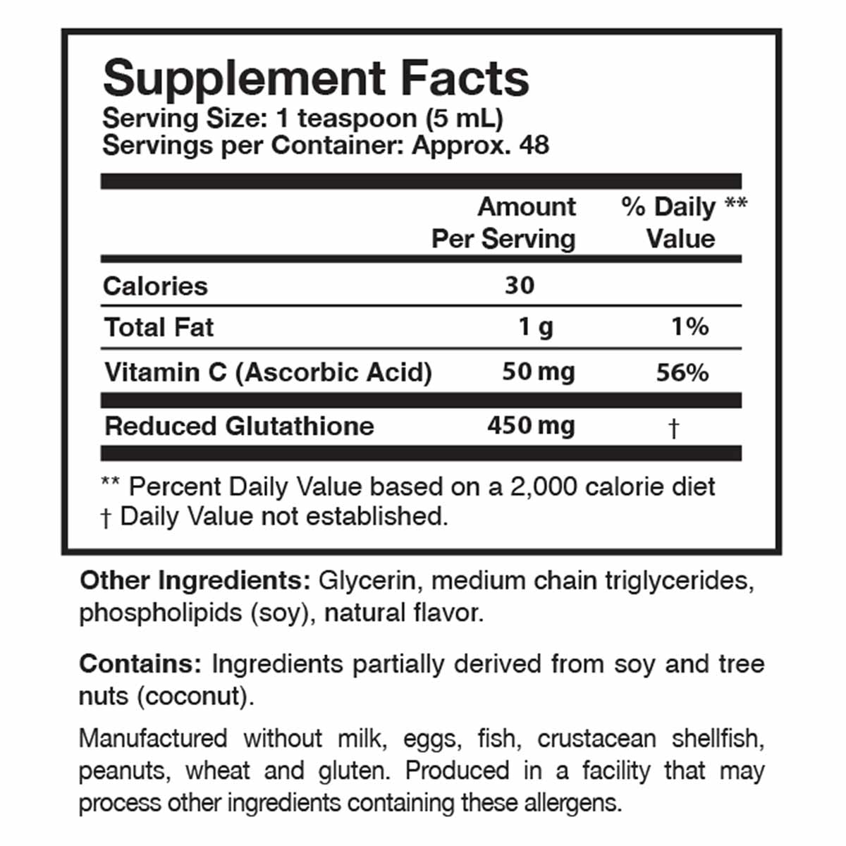 Supplement Facts label showing nutritional information including 450mg reduced glutathione, 50mg Vitamin C, and other ingredi